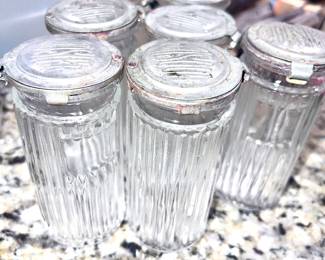 VTG. Hoosier cabinet ribbed Glass 1920 to 1930 spice shaker set.(7)