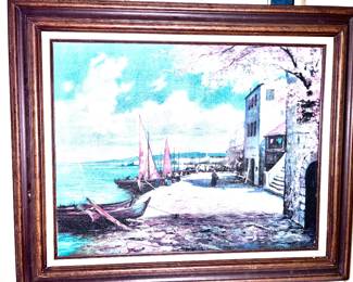 Paint on canvas framed sailboats beach water