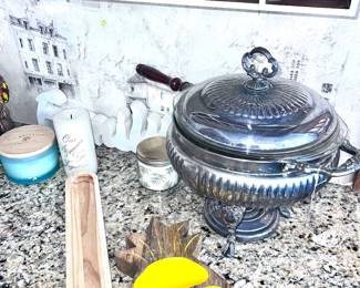 Stainless serving chafing dish and other serving dishes, including a Williamson Sonoma Olive plate/bowl