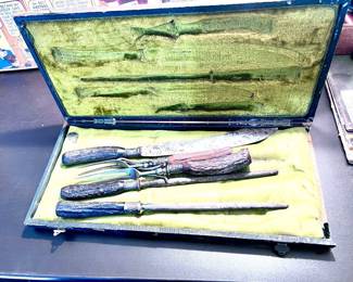 Antique carving set with green velvet, fitted Storage case