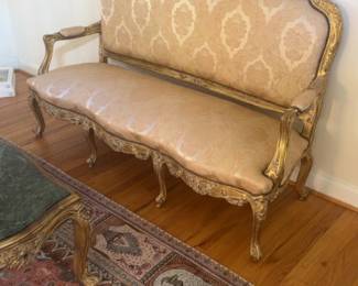 Vintage Louis XV Style Giltwood Settee with Damask Upholstery