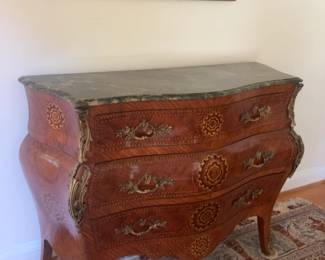 French Style Bombe Commode with Marble Top Marquetry & Ormolu Mounts