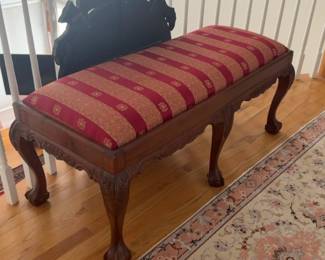 Ornate Carved Wood Upholstered Bench
