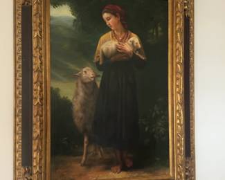Ornate Framed Oil Painting of Shepherdess with Lamb
