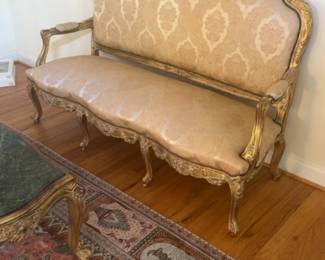 Vintage Louis XV Style Giltwood Settee with Damask Upholstery