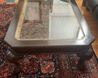 Vintage Octagonal Wood Coffee Table with Glass Inset and Decorative Gold Trim