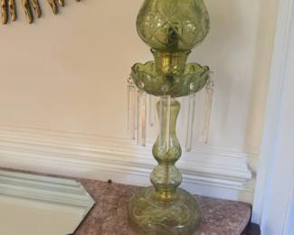 Vintage Green Cut Glass Hurricane Lamp with Hanging Prisms