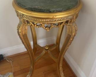 2 avail. Sold indiv. Ornate Gold Finish Round Side Table with Green Marble Top