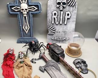 570 Lot 497 Halloween grouping chainsaw spider tombstones