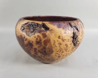 601 Lot 526 Hand turned burl wood bowl signed Robert Hazard