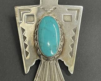 673 Lot 680h Sterling silver turquoise Thunderbird bolo tie
