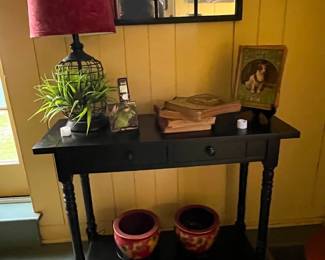 Paned mirror, side table, pots, lamps