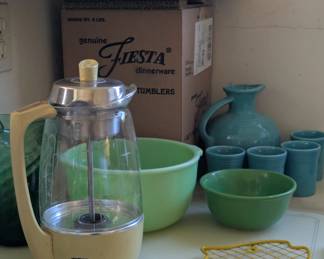 Vintage green Glass mixing bowl and Coffee pot