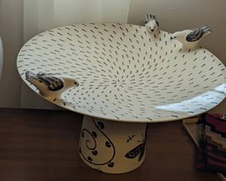 Artist Emilia Castillo Footed Pottery Bowl with Birds and Sterling Silver Decorations