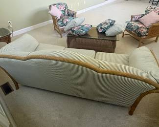 Wicker Sofa with Striped Upholstery