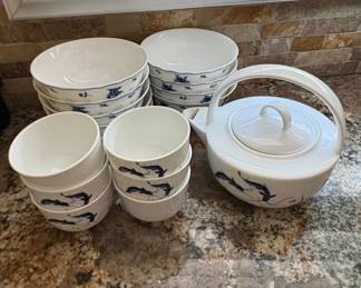 Vintage Japanese Blue and White Porcelain Tea Set with Koi Fish Motif