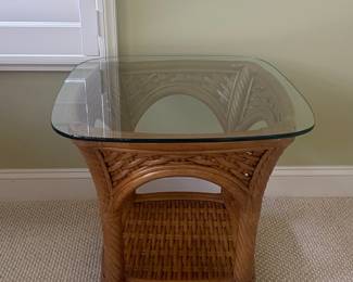 Rattan and Wicker Side Table with Glass Top