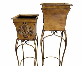 Set of Two Fleur-de-Lis Metal Planters with Stands