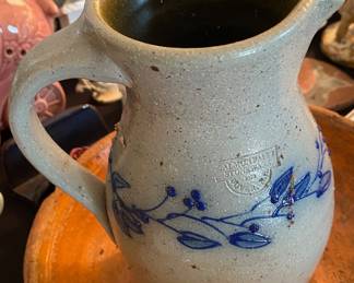 Cobalt Decorated Salmon Fall Pottery Pitcher