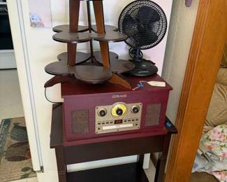 side table, record player, fan