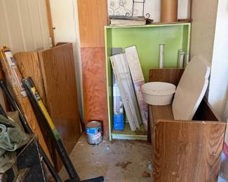 blinds, shelves, desk hutch