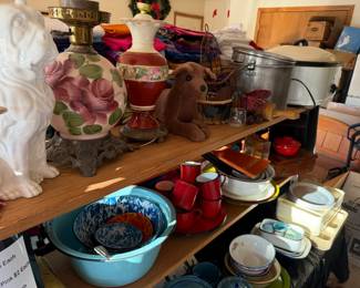 lamps, dog figurines, camp cookware, enamel ware