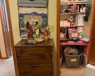small chest of drawers, figurines, bank