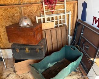 Fentiman trunk, cradle, wood boxes, Citgo hard hat