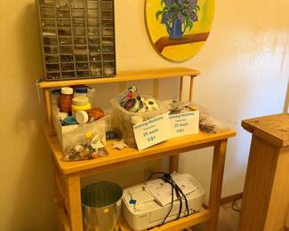 cart, printer, beads in organizer, sewing notions