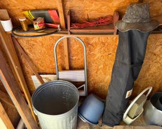 step stool, galvenized trash can, pop up tent