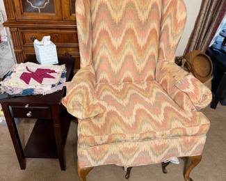 wing chair, china cabinet, small table, quilt blocks