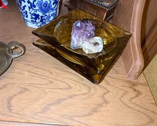Vintage Amber Glass Ashtray with Amethyst and Quartz Crystals