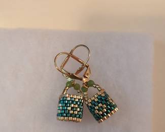 Hand-Beaded Loom Earrings with Gold-Tone Findings and Jade beads