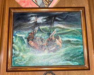 Original Oil Painting of a Ship in a Storm