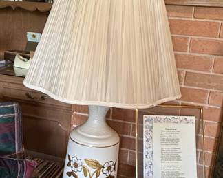 Vintage White Ceramic Lamp with Gold Floral Accents