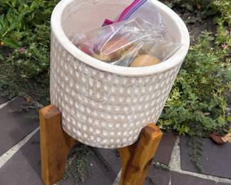 Textured Ceramic Planter with Wood Stand