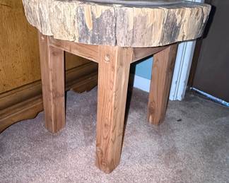 Live Edge Cedar Side Table with Iridescent Art Glass Bowl
