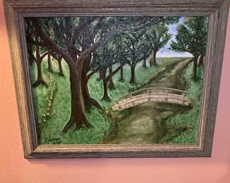 R. Duncan landscape oil painting with bridge