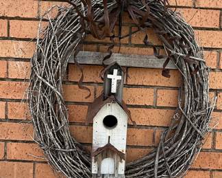 Rustic Church Birdhouse Grapevine Wreath with Rusty Metal Accents