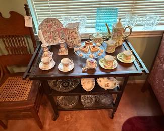 Vintage Porcelain Tea Set with Mahogany Tea Cart