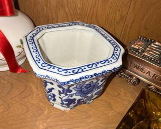 Chinese Blue and White Porcelain Hexagonal Planter with Ruyi Border