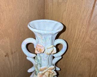 Vintage Lusterware Ceramic Vase with Applied Roses and Scroll Handles