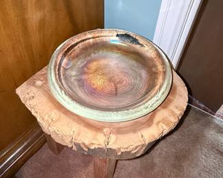 Live Edge Cedar Side Table with Iridescent Art Glass Bowl
