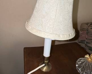 Vintage Brass Candlestick Accent Lamp with Damask Shade