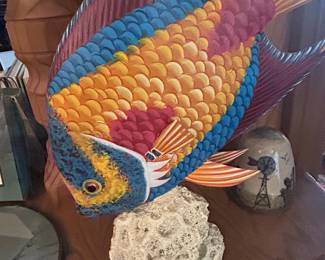 Hand-Carved & Painted Wood Tropical Fish Sculpture on Coral Base
