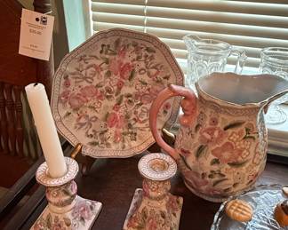 Old Foley James Kent Staffordshire "Rose Chintz" Pitcher and Candlestick Set