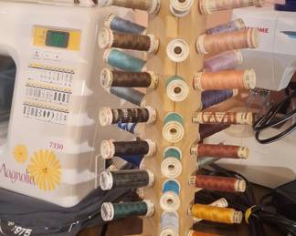 Wooden Thread Spool Rack with Assorted Gutermann and Mettler Polyester Thread