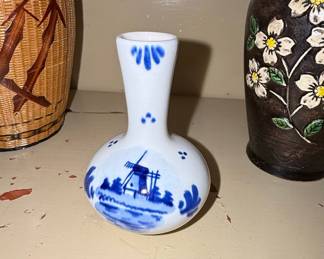 Vintage Delft Blue Bud Vase with Windmill Motif and Floral Accents