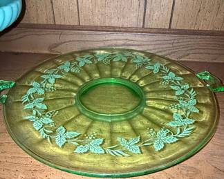 Depression Glass Green Serving Tray with Grape and Leaf Etching