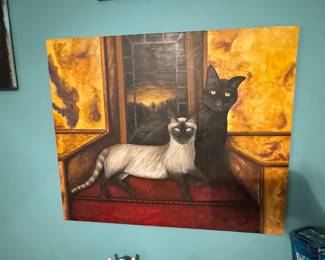 Painting of Siamese and Black Cat